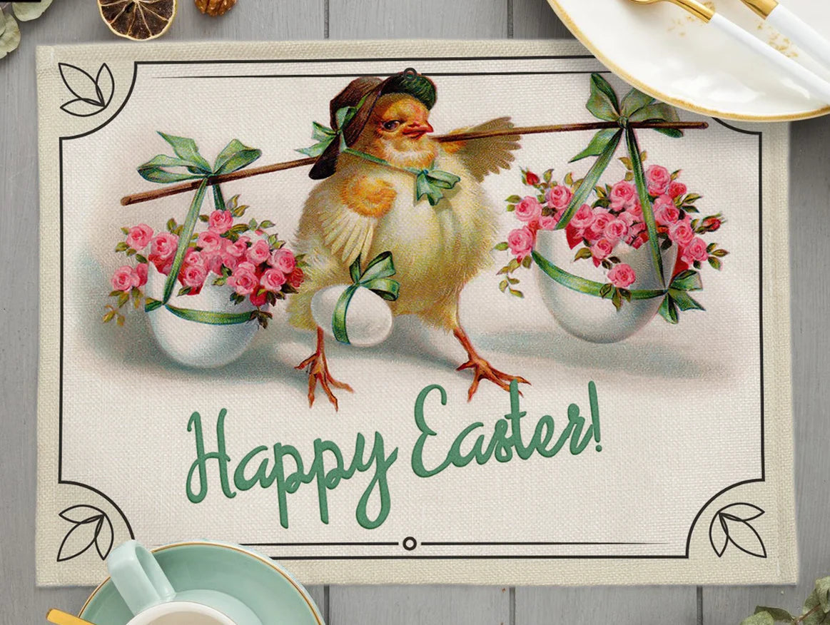 2024 Easter Day Decoration Cartoon Chicken Egg Placemat Europe Farmhouse Bunny Rabbit Linen Dining Table Mats Party Coaster Pad