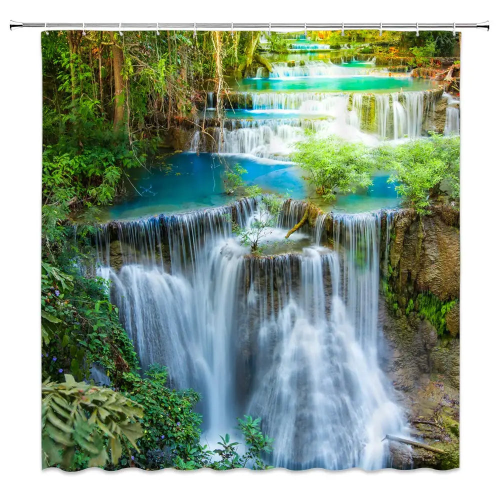 3D Nature Landscape Waterfall Scenery Waterproof Shower Curtain Bathroom Products Creative Polyester Bath Curtain with 12 Hooks
