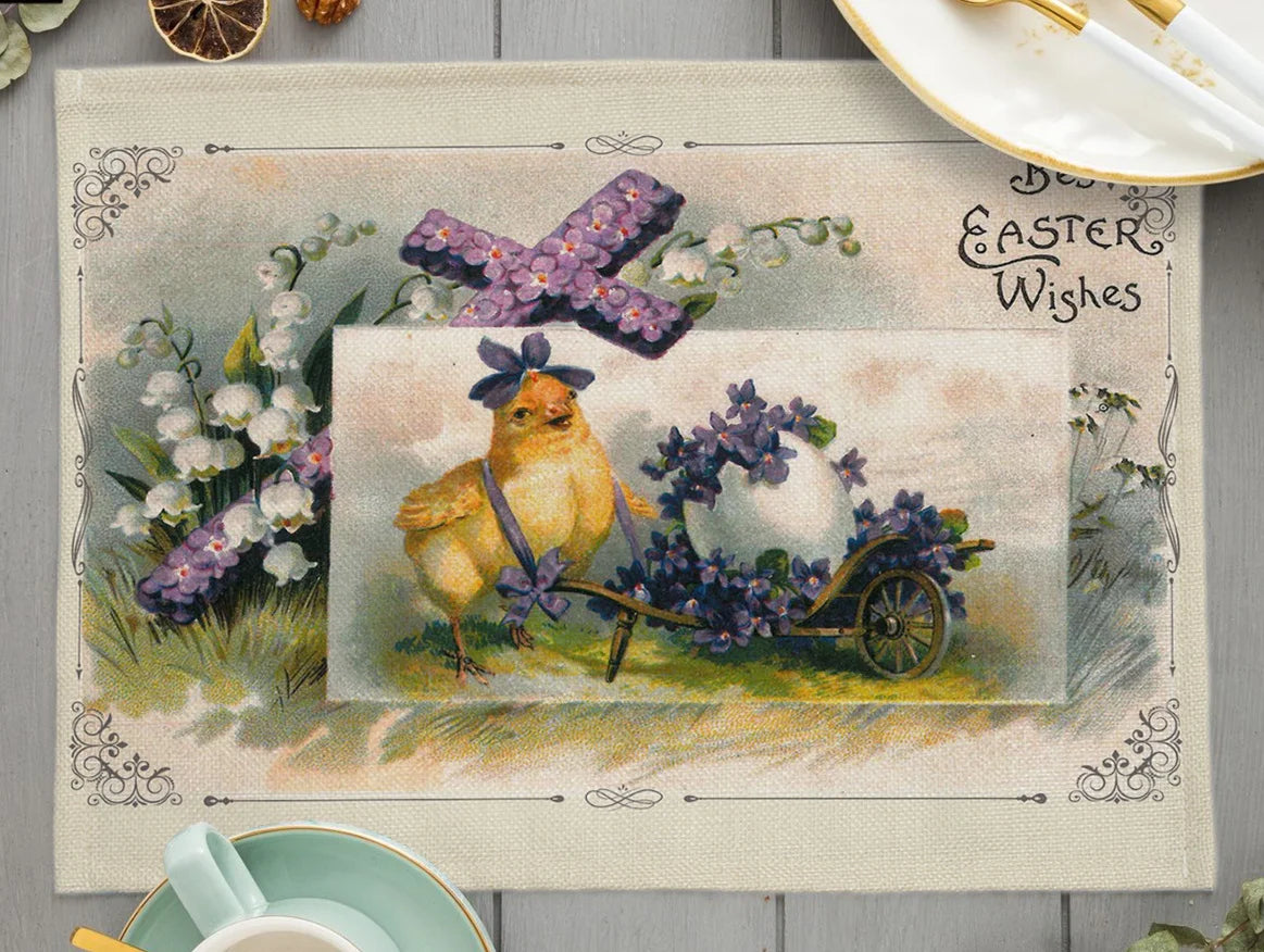 2024 Easter Day Decoration Cartoon Chicken Egg Placemat Europe Farmhouse Bunny Rabbit Linen Dining Table Mats Party Coaster Pad