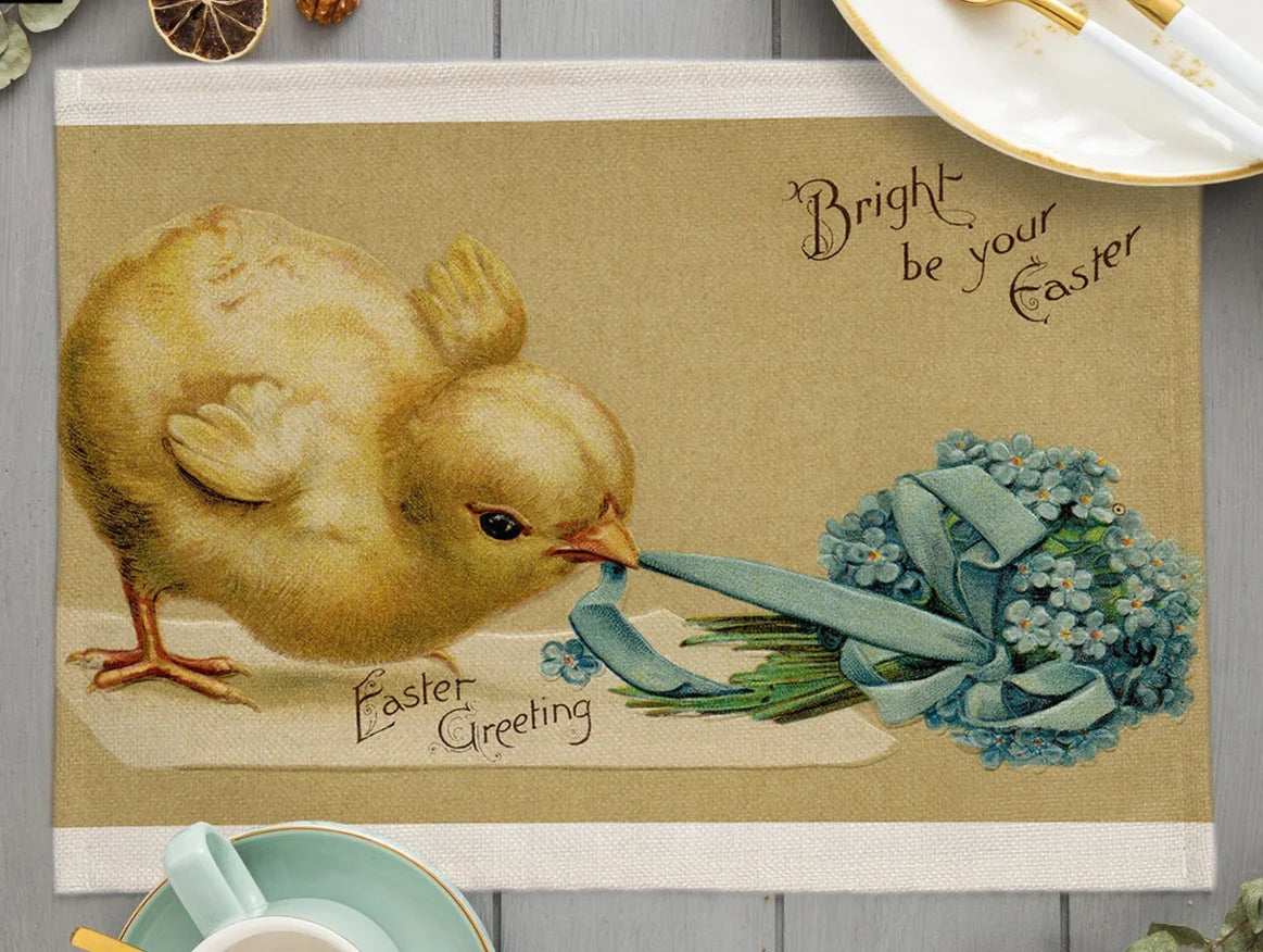 2024 Easter Day Decoration Cartoon Chicken Egg Placemat Europe Farmhouse Bunny Rabbit Linen Dining Table Mats Party Coaster Pad