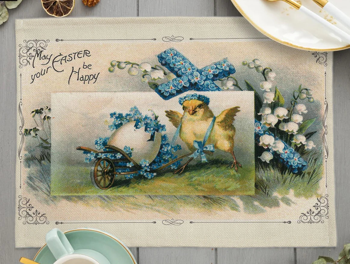 2024 Easter Day Decoration Cartoon Chicken Egg Placemat Europe Farmhouse Bunny Rabbit Linen Dining Table Mats Party Coaster Pad