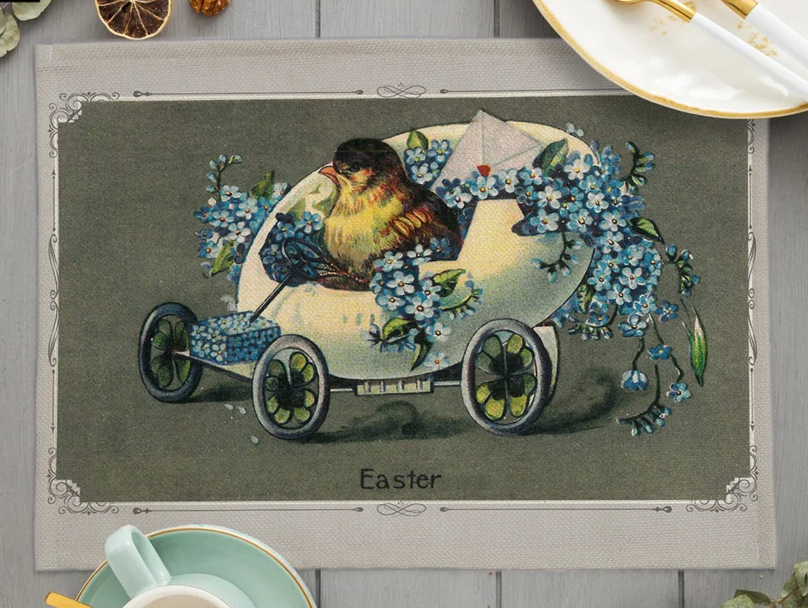 2024 Easter Day Decoration Cartoon Chicken Egg Placemat Europe Farmhouse Bunny Rabbit Linen Dining Table Mats Party Coaster Pad