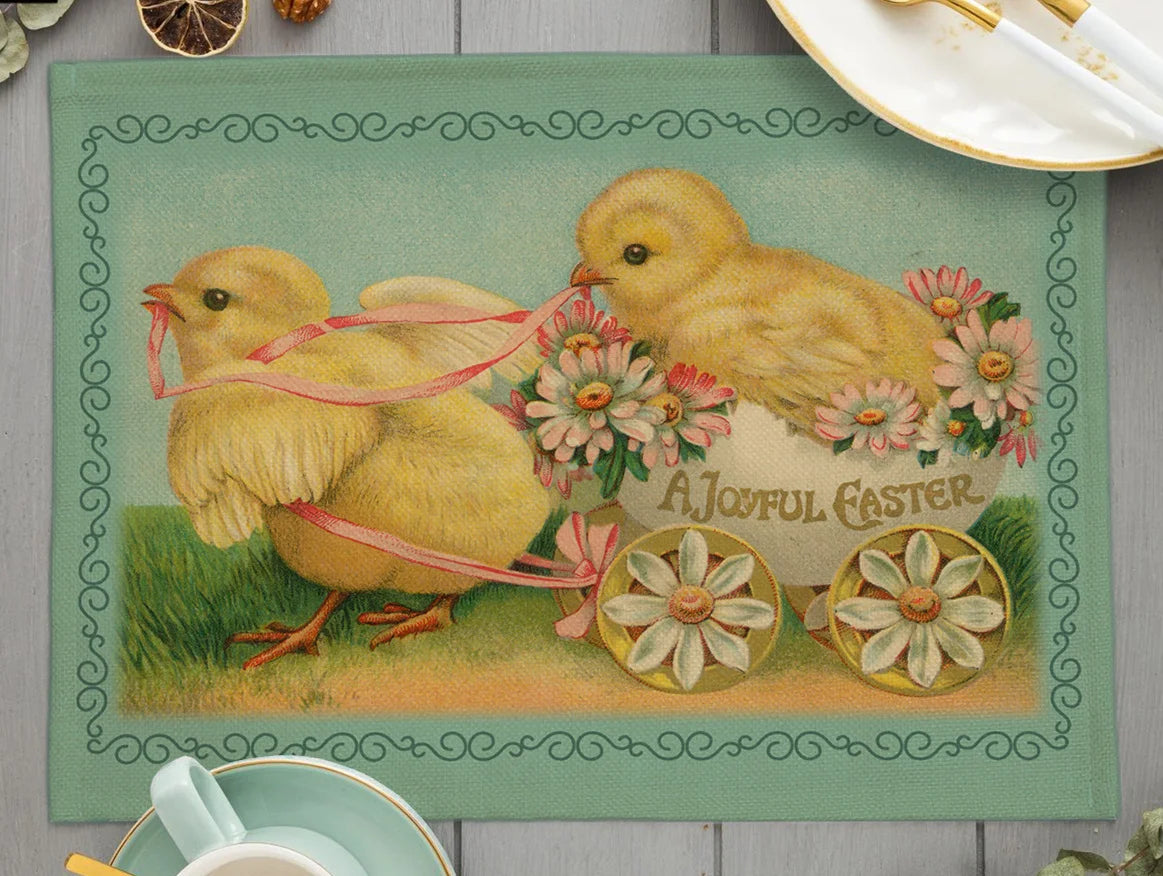 2024 Easter Day Decoration Cartoon Chicken Egg Placemat Europe Farmhouse Bunny Rabbit Linen Dining Table Mats Party Coaster Pad