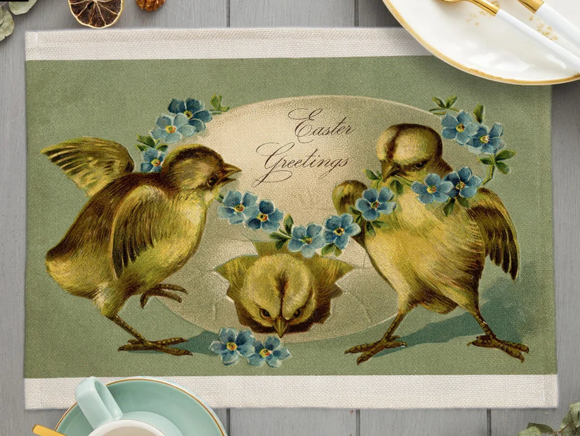 2024 Easter Day Decoration Cartoon Chicken Egg Placemat Europe Farmhouse Bunny Rabbit Linen Dining Table Mats Party Coaster Pad