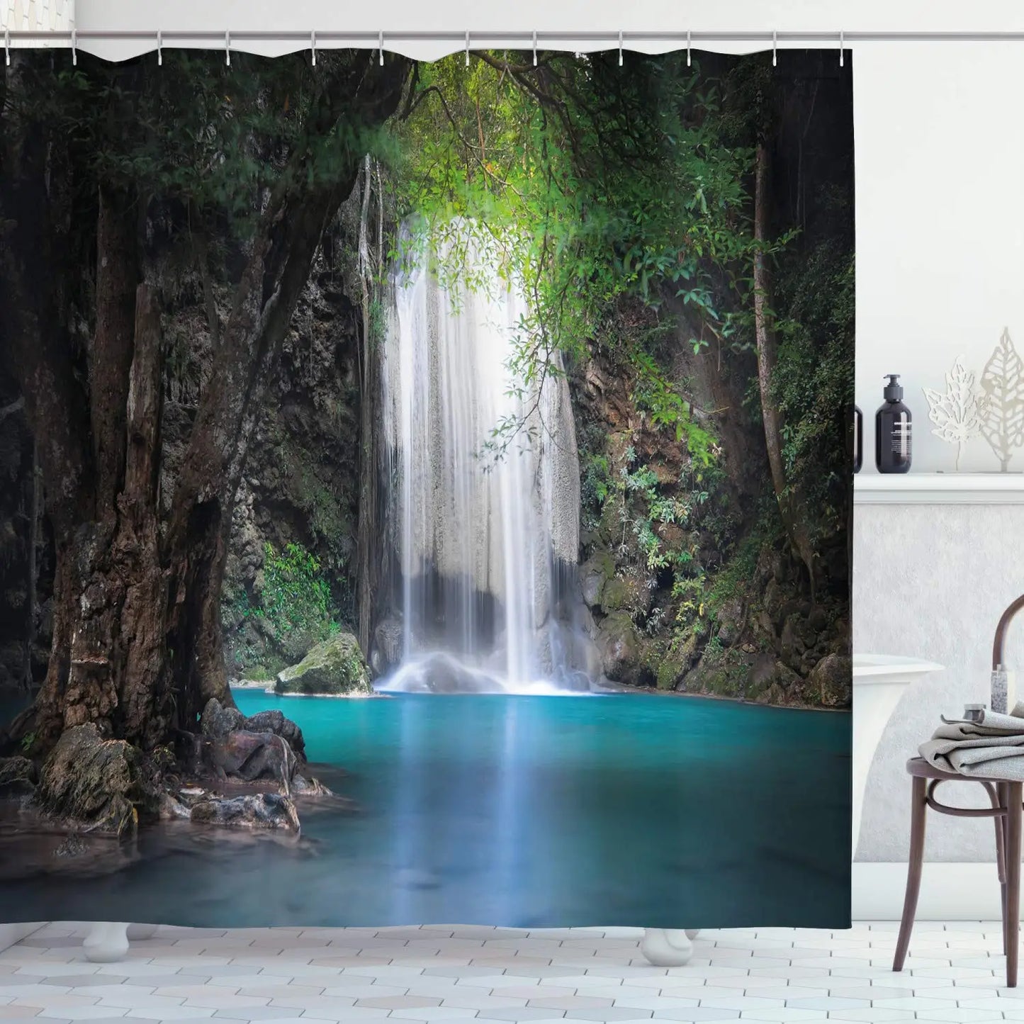 3D Nature Landscape Waterfall Scenery Waterproof Shower Curtain Bathroom Products Creative Polyester Bath Curtain with 12 Hooks