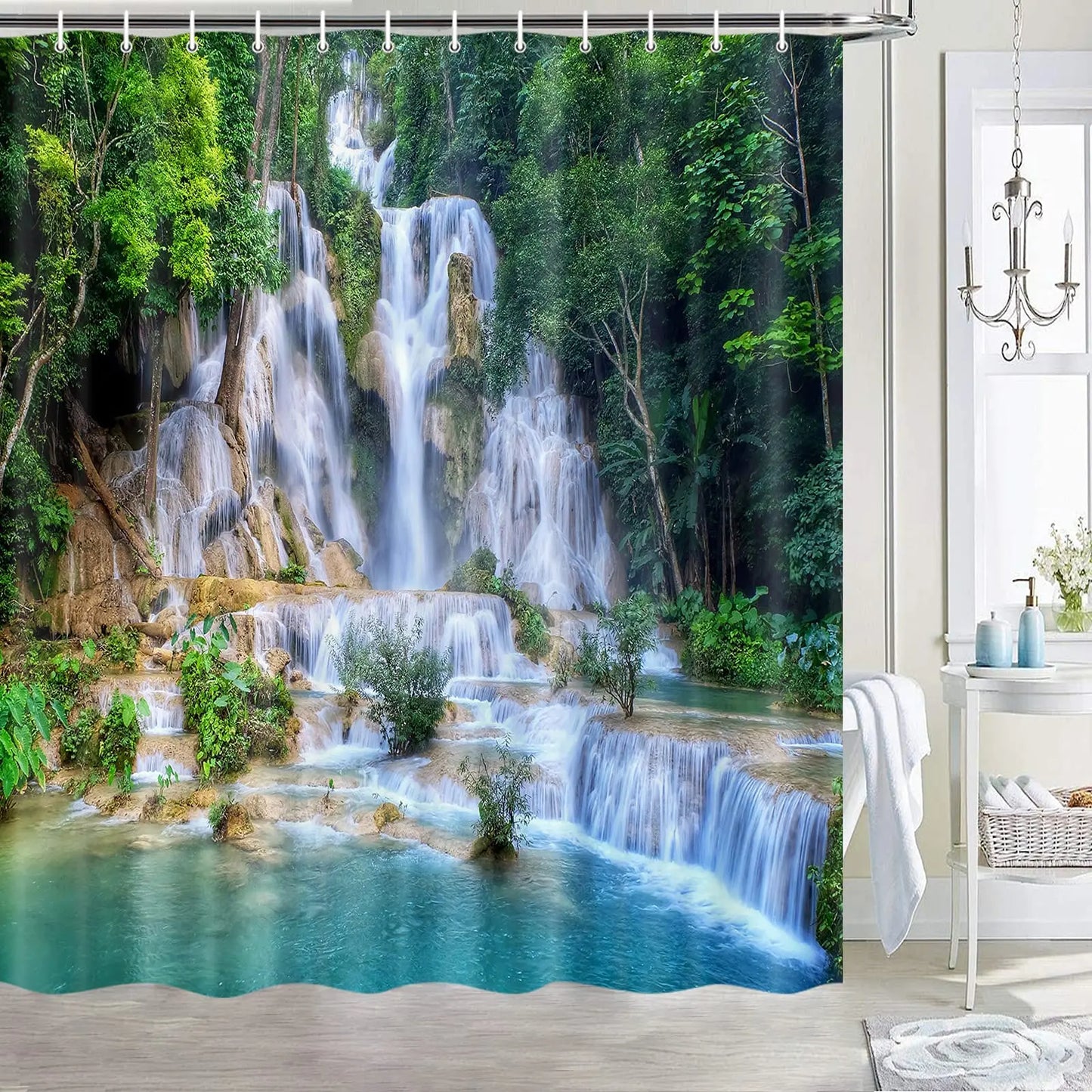 3D Nature Landscape Waterfall Scenery Waterproof Shower Curtain Bathroom Products Creative Polyester Bath Curtain with 12 Hooks