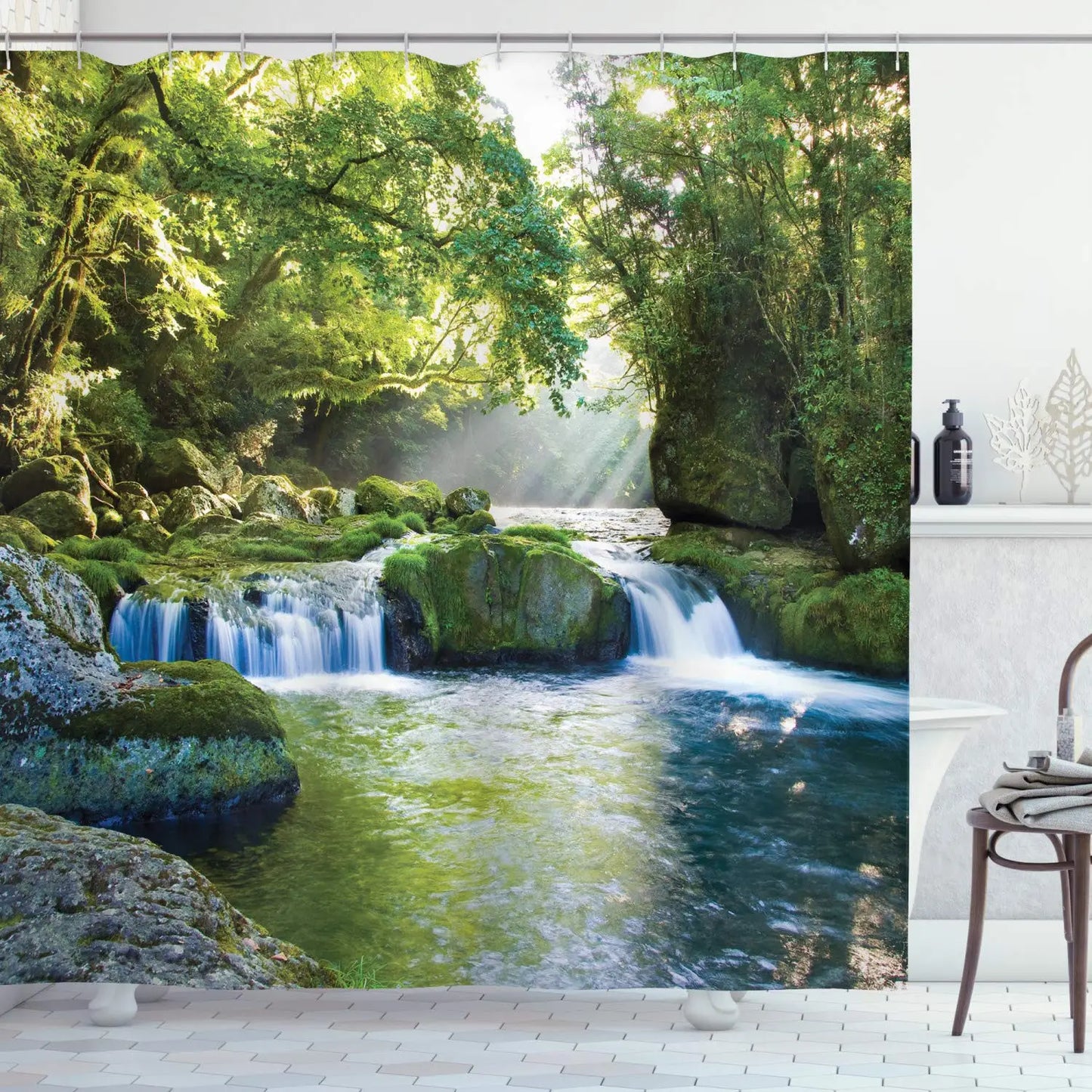 3D Nature Landscape Waterfall Scenery Waterproof Shower Curtain Bathroom Products Creative Polyester Bath Curtain with 12 Hooks