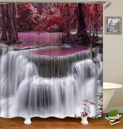 3D Nature Landscape Waterfall Scenery Waterproof Shower Curtain Bathroom Products Creative Polyester Bath Curtain with 12 Hooks