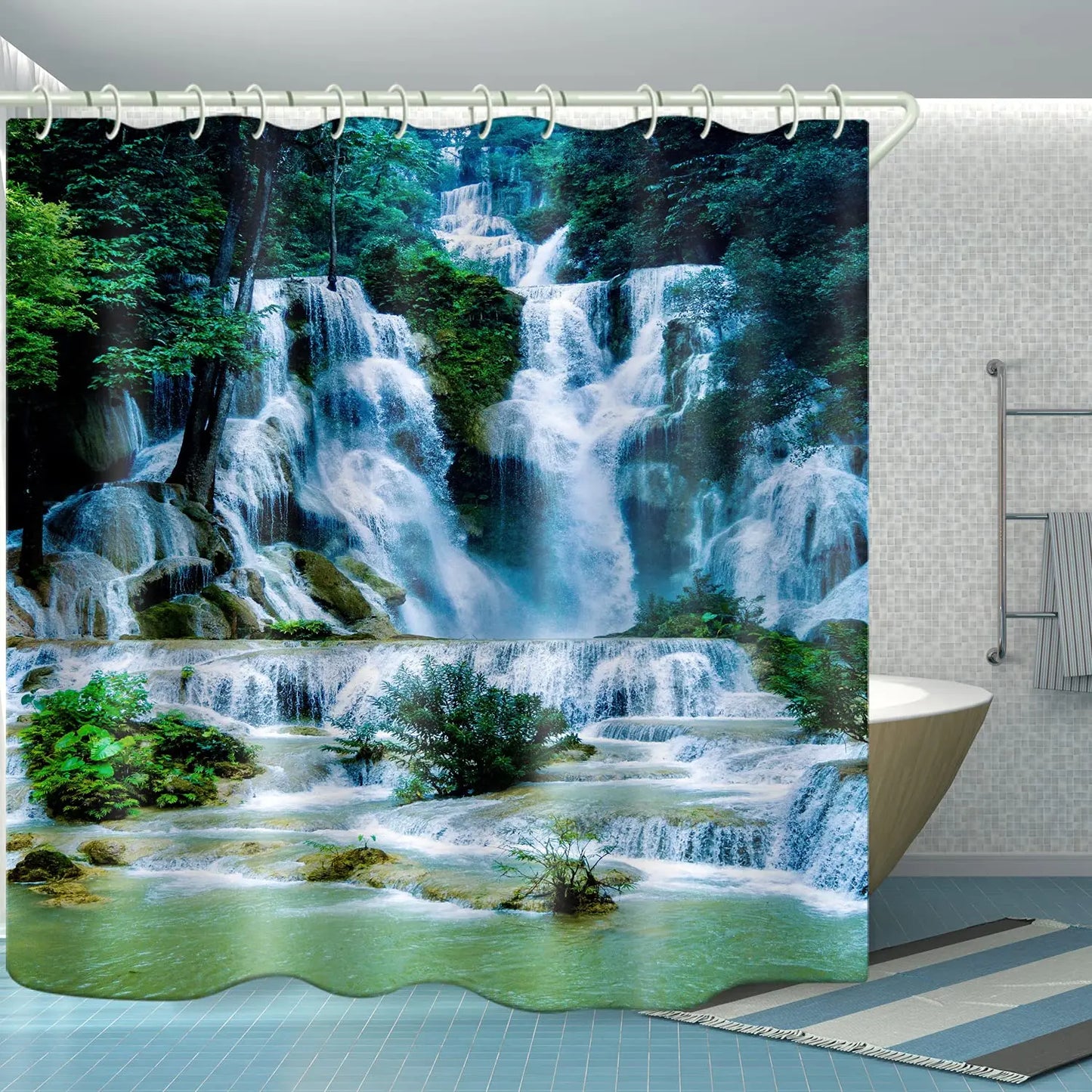 3D Nature Landscape Waterfall Scenery Waterproof Shower Curtain Bathroom Products Creative Polyester Bath Curtain with 12 Hooks