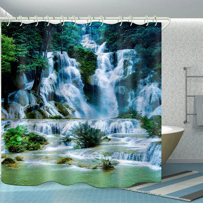 3D Nature Landscape Waterfall Scenery Waterproof Shower Curtain Bathroom Products Creative Polyester Bath Curtain with 12 Hooks