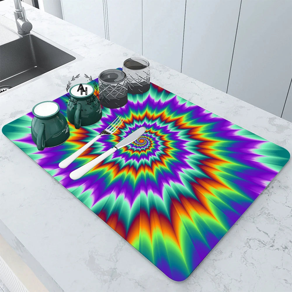 3d Abstract Kitchen Absorbent Drain Pad Dish Drying Mat Rubber Draining Pad Dinnerware Cup Bottle Rug Tableware Mat Home Decor