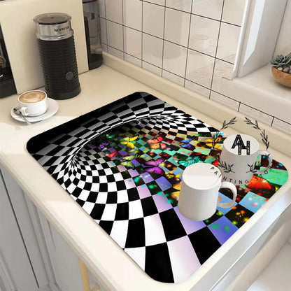3d Abstract Kitchen Absorbent Drain Pad Dish Drying Mat Rubber Draining Pad Dinnerware Cup Bottle Rug Tableware Mat Home Decor