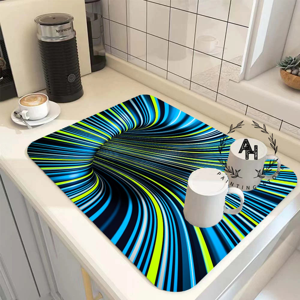 3d Abstract Kitchen Absorbent Drain Pad Dish Drying Mat Rubber Draining Pad Dinnerware Cup Bottle Rug Tableware Mat Home Decor