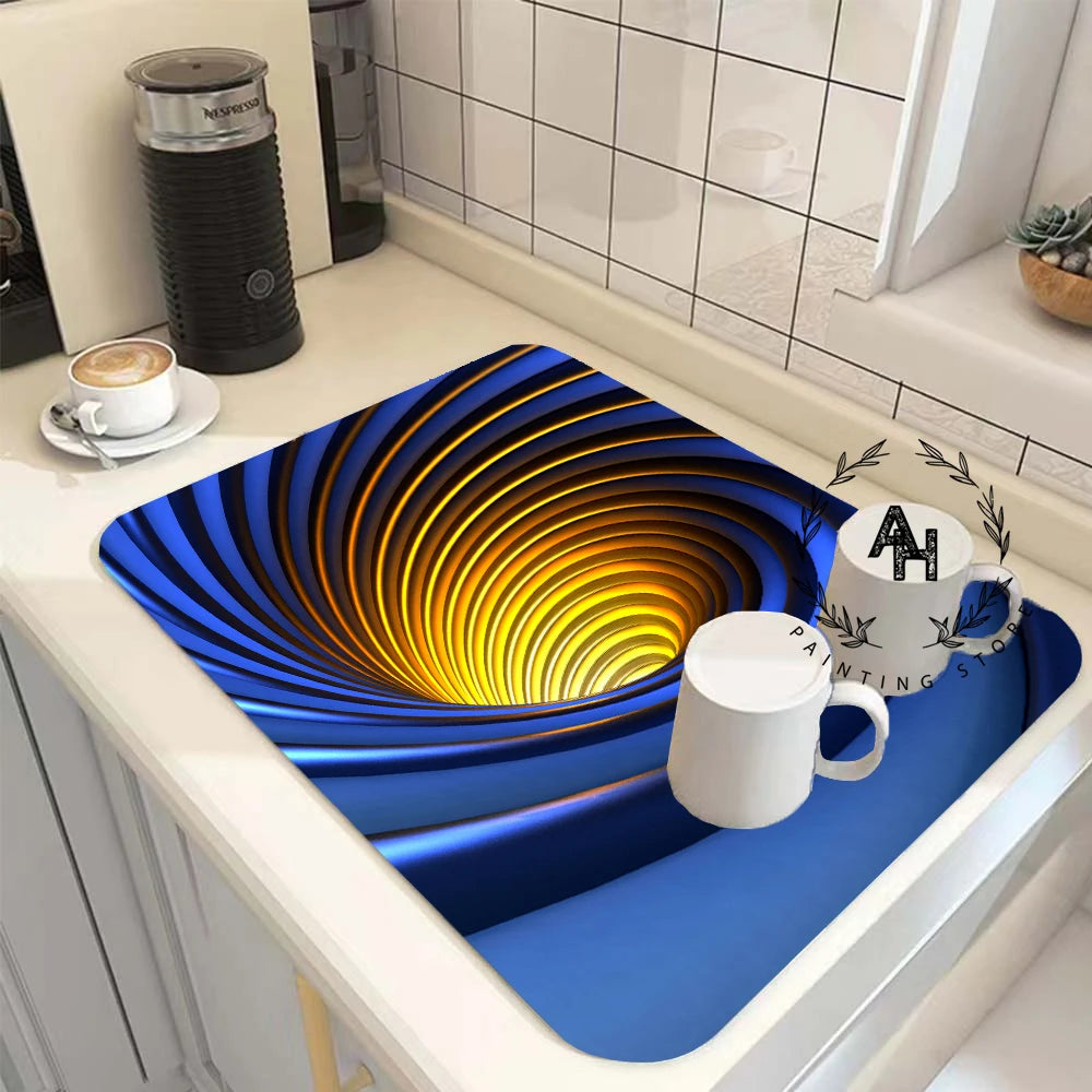 3d Abstract Kitchen Absorbent Drain Pad Dish Drying Mat Rubber Draining Pad Dinnerware Cup Bottle Rug Tableware Mat Home Decor