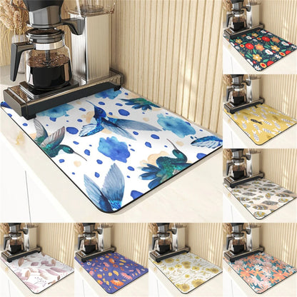 Animal Style Diatomaceous Earth Mat Kitchen Accessories Flowers Pattern Absorbent Drying Mat For Kitchen Table Pads Cup Coaster