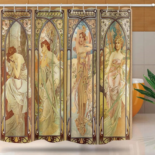 Art Nouveau Lady Shower Curtain,Aesthetic Art Times of The Day, Night's Rest,Evening Reverie,Daybreak,Morning Awakening Bath Set
