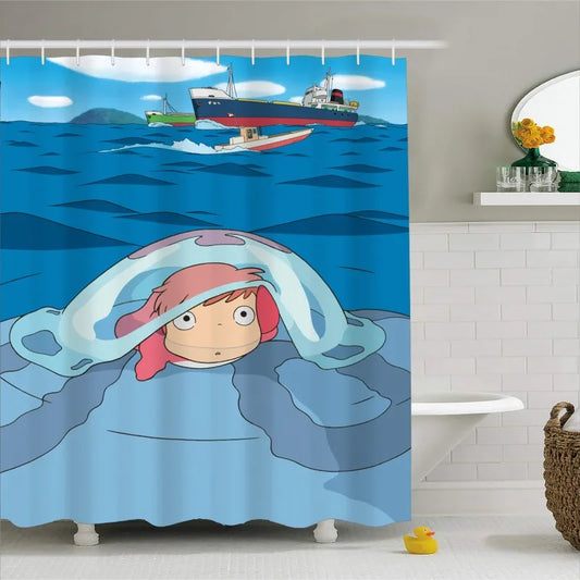 Anime Ponyo Printed Shower Curtain Cute Character Cartoon 3D Mildew Proof Printed Polyester Fabric Waterproof With Hooks
