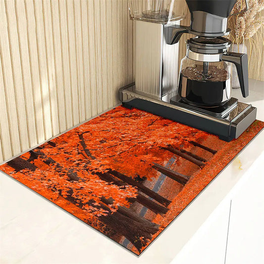 Autumn Leaves Print Dish Drying Mat Super Absorbent Kitchen Counter Drain Pad Tableware Cup Bottle Sink Waterproof Non-slip Mats