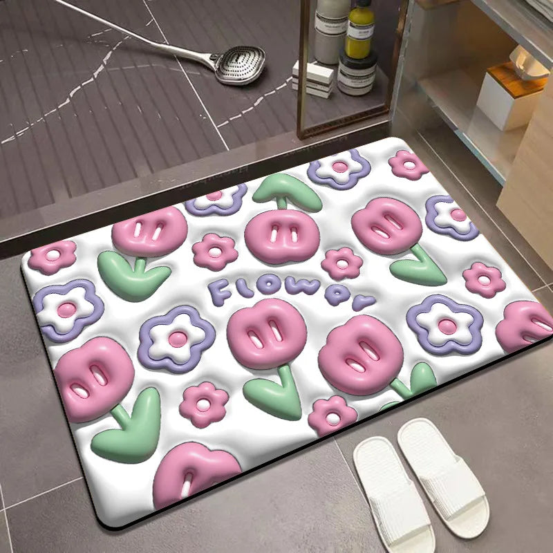 3D Cartoon Dilate Floret Diatom Carpet Toilet Door Entrance Bathroom Absorbent Anti-slip Soft Diatom Mud Floor Mat