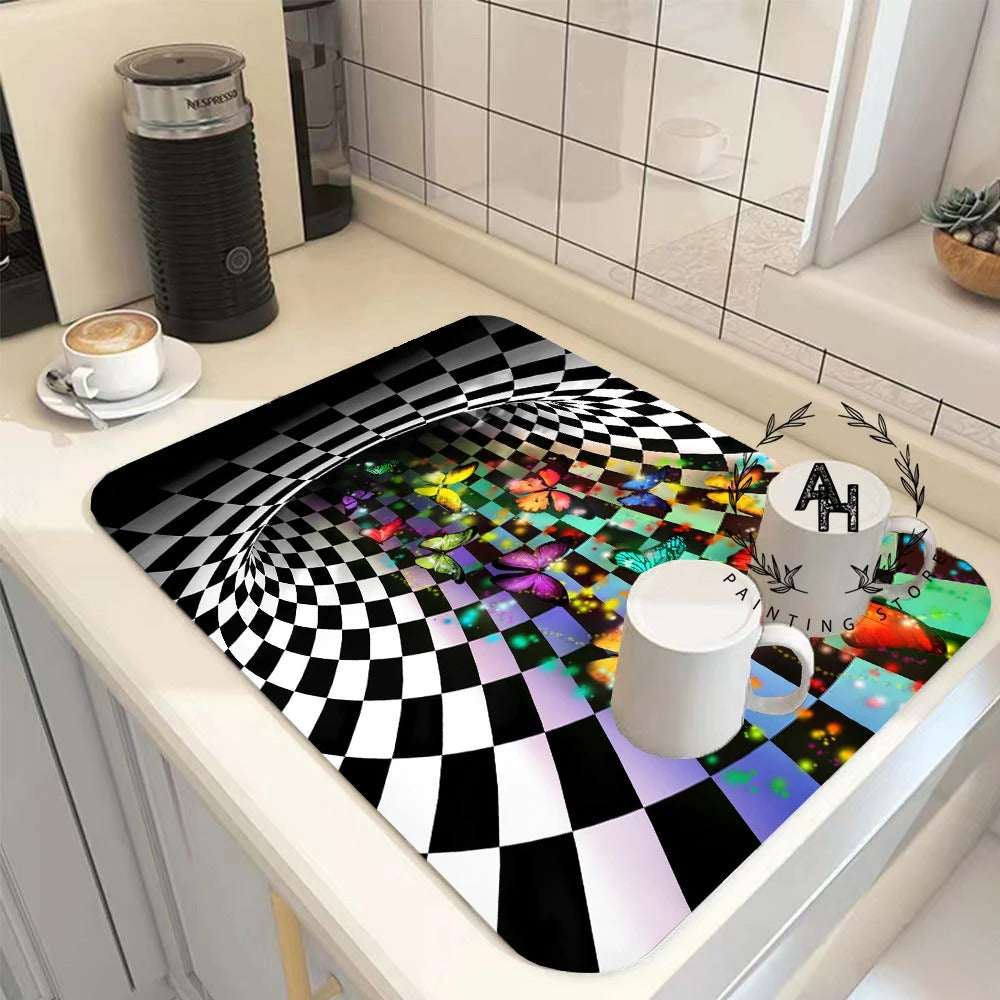 3d Abstract Kitchen Absorbent Drain Pad Dish Drying Mat Rubber Draining Pad Dinnerware Cup Bottle Rug Tableware Mat Home Decor